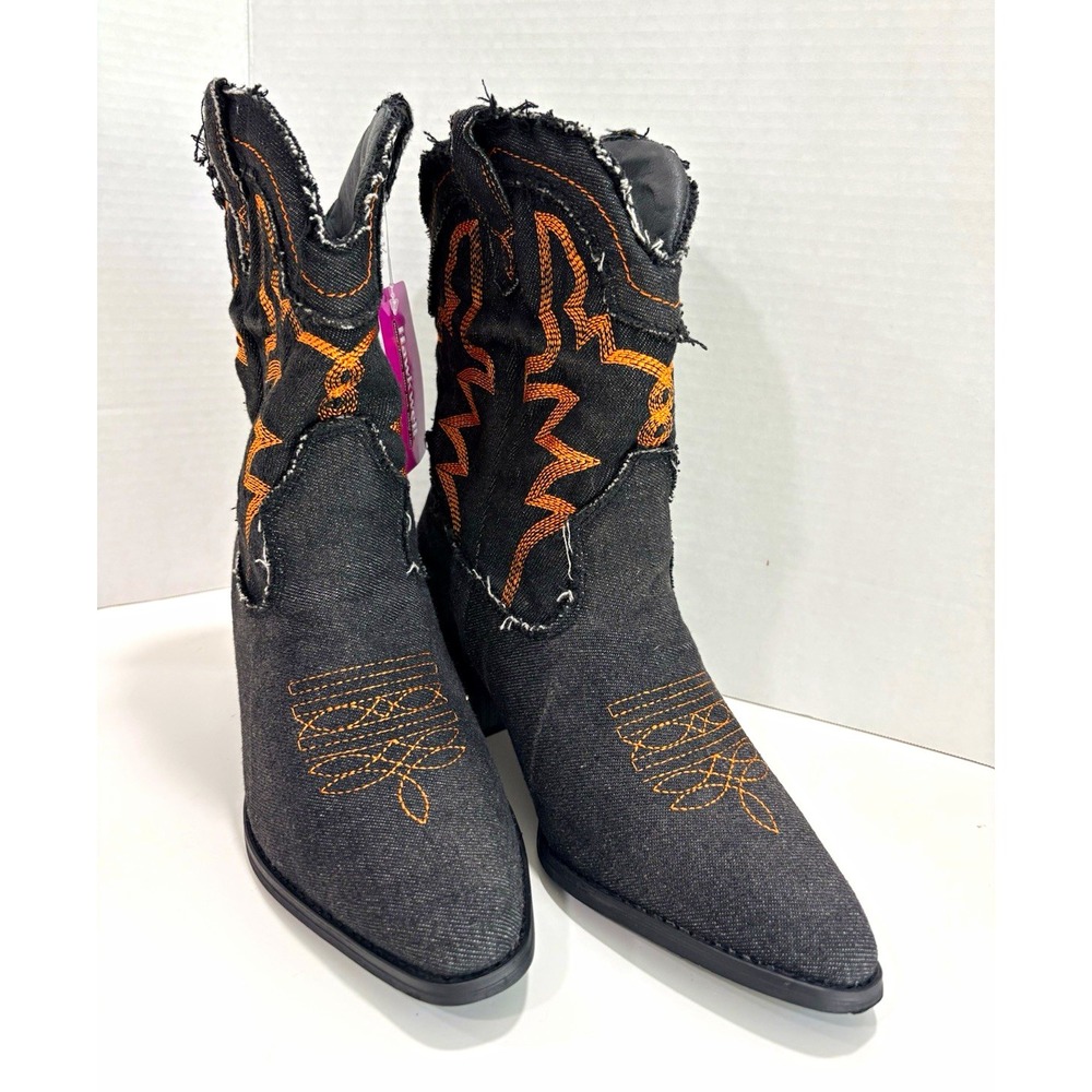 Hawkwell Black Denim Western Boots Embroidered Pull On Pointed Toe US 8